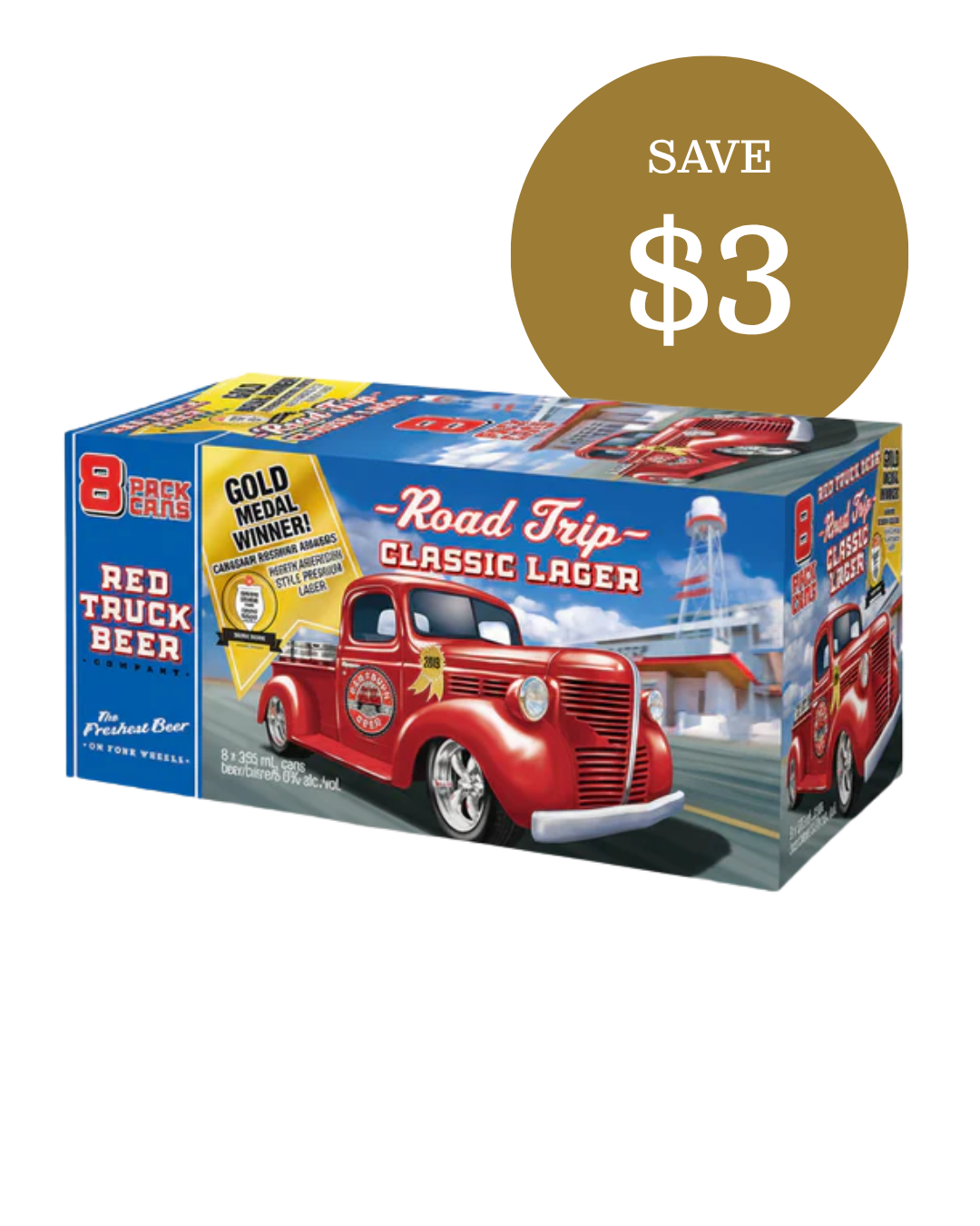 Red Truck Road Trip Classic Lager, 8-pack cans, save $3 — Gold Medal winning North American style premium lager, available at JAK's