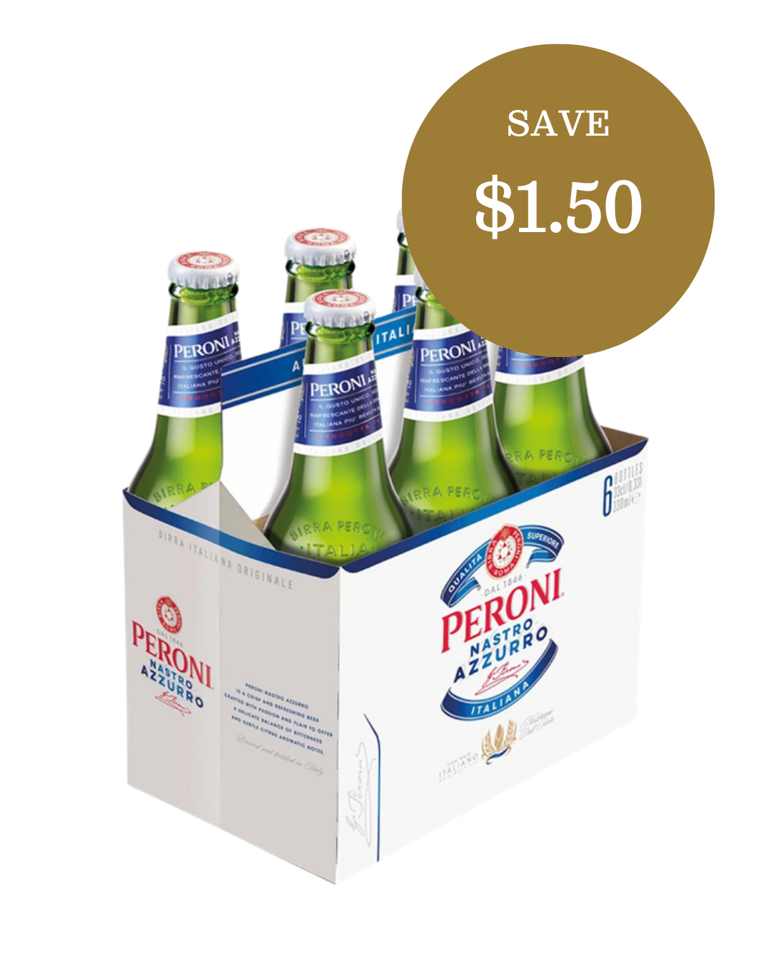 Peroni Nastro Azzurro 6 pack bottles, save $1.50