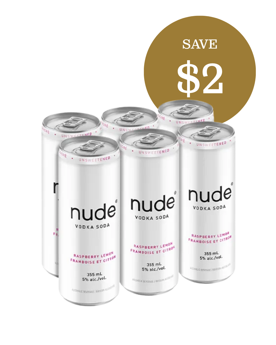Nude Vodka Soda Raspberry Lemon, 6-pack cans, unsweetened, save $2 — available at JAK's