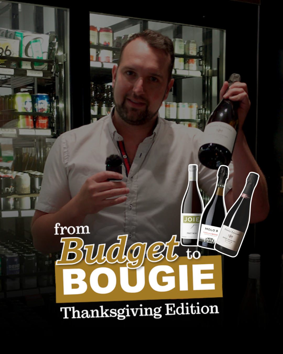 JAK's buying director James Franey holding his Thanksgiving wine picks from budget to bougie: Molo 8 Lambrusco, JoieFarm Pinot Noir and Pierre Paillard Champagne