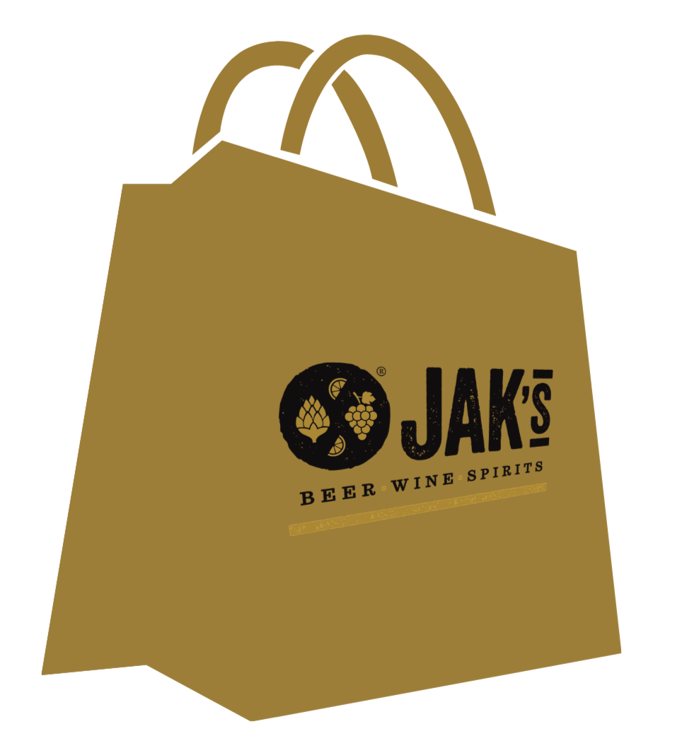 JAK's Beer Wine Spirits branded gold to-go bag for the Coquitlam Centre liquor store
