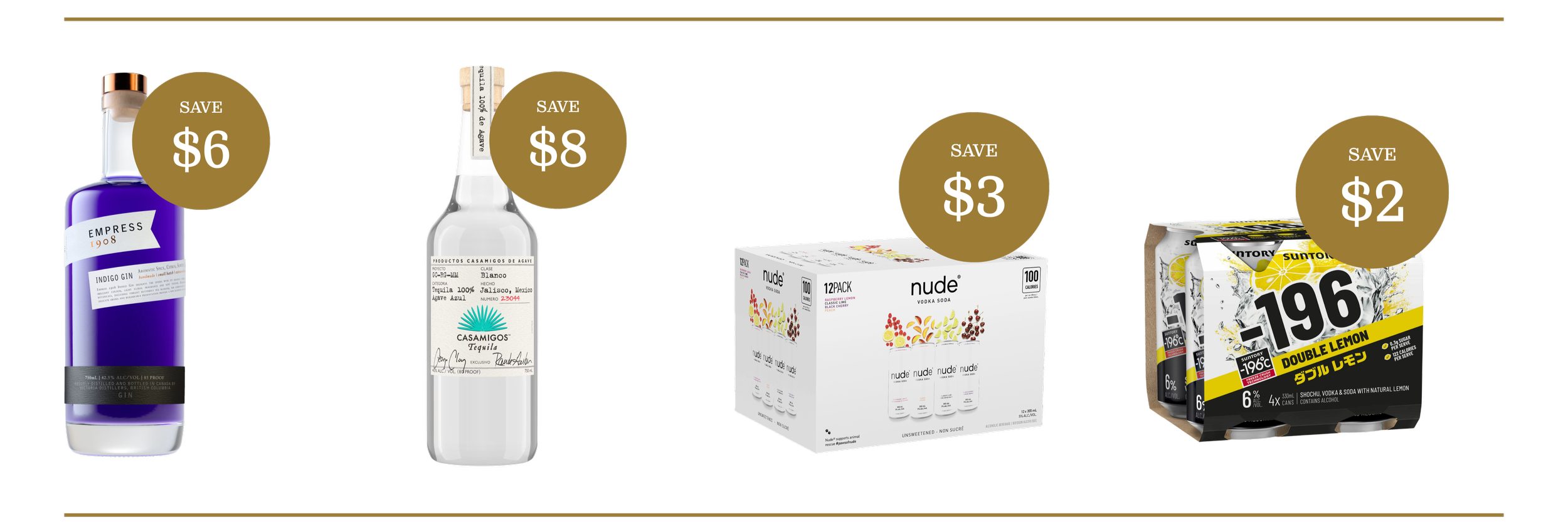 JAK's Beer Wine Spirits May 2026 featured deals on Empress Indigo Gin, Casamigos Blanco Tequila, NUDE Vodka Soda 12 pack, and Suntory -196 Double Lemon 4 pack