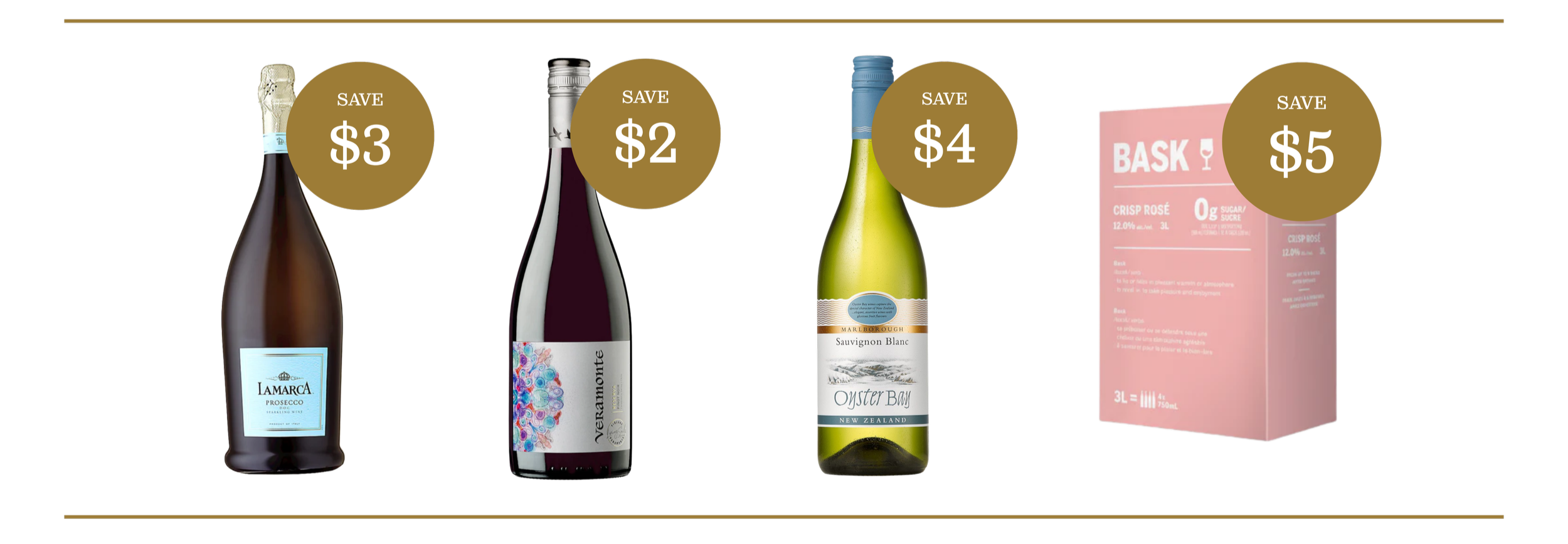 JAK's Beer Wine Spirits May 2026 featured wine deals on La Marca Prosecco, Veramonte Reserva Pinot Noir, Oyster Bay Marlborough Sauvignon Blanc, and Bask Crisp Rosé 3 litre