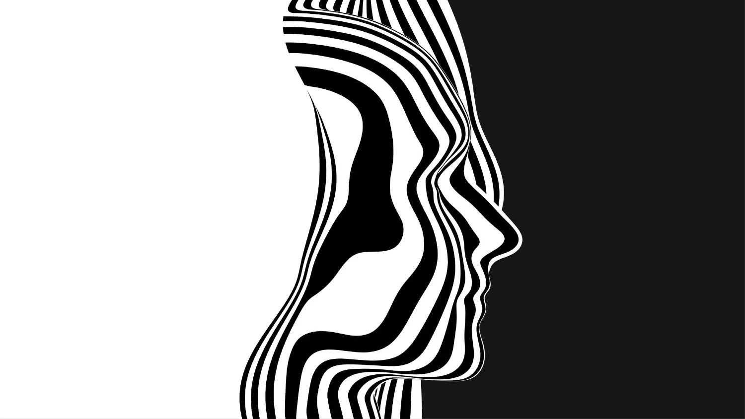 Optical illusion of a woman's profile created with black and white wavy lines