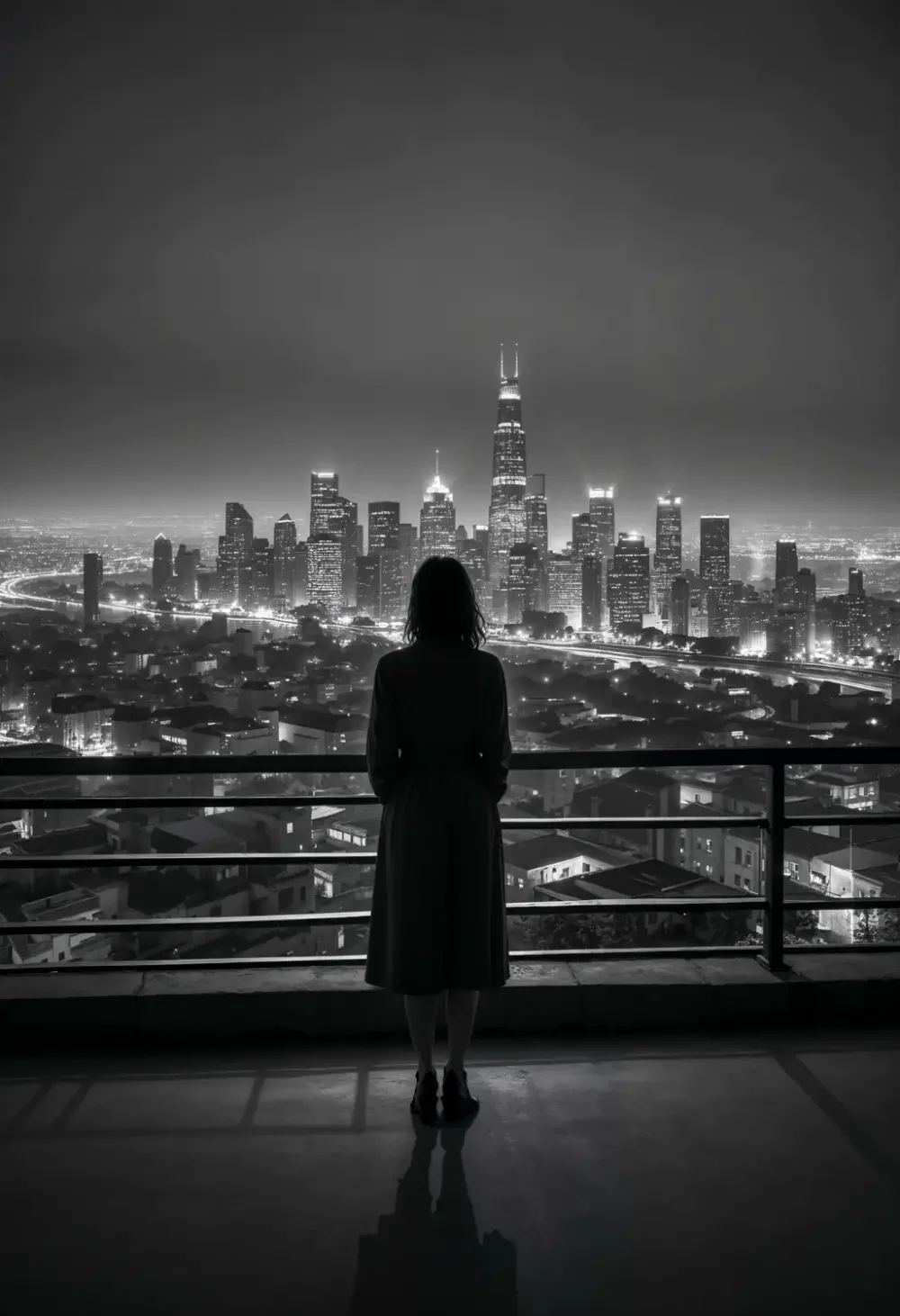 A woman stands on a balcony overlooking a nighttime city skyline with tall skyscrapers, including the tallest building in the center, illuminated and shrouded in mist or fog.