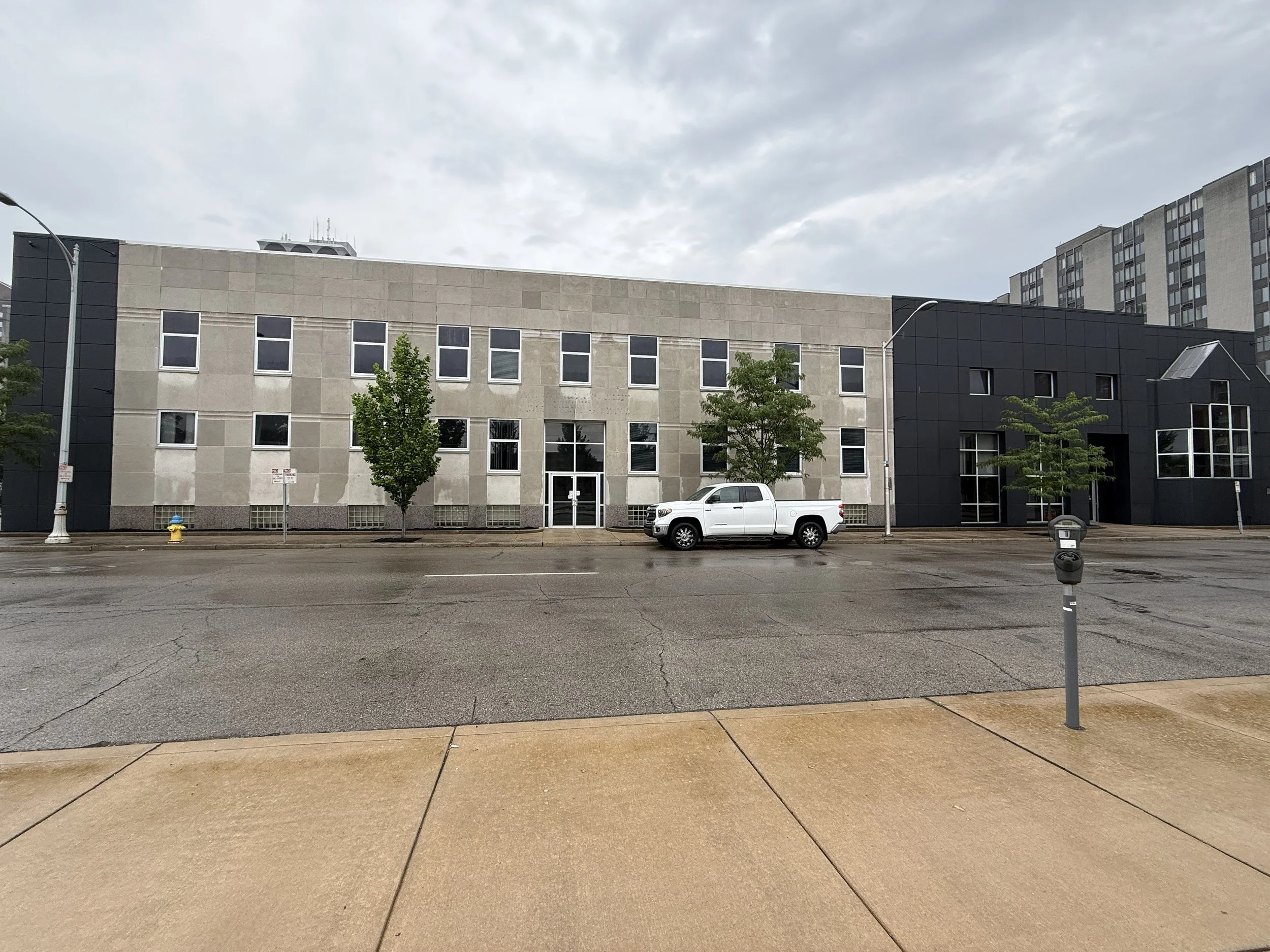 A street scene with a gray building, trees, a white pickup truck, a parking meter, and cloudy skies.