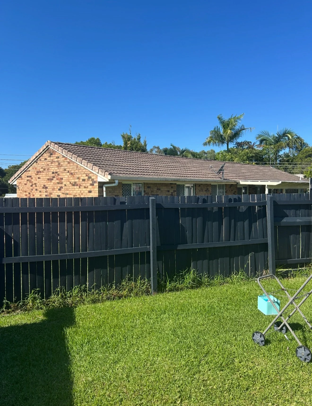 Backyard with green grass, black wooden fence, and a brick house with a brown tiled roof. There is a metal gardening cart on the right side of the yard with a small blue container attached.