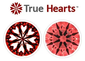 Logo for James Allen's True Hearts diamonds with two round images of pink and red crystal or gemstone pieces. Shows the hearts and arrows diamonds from James Allen