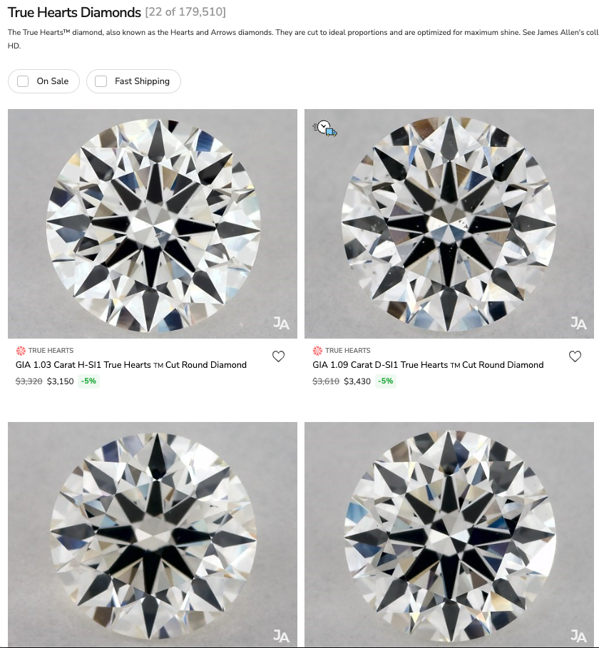 Four round cut diamonds with intricate faceting, displayed against a gray background, showcasing their brilliance and sparkle. From the James Allen Website