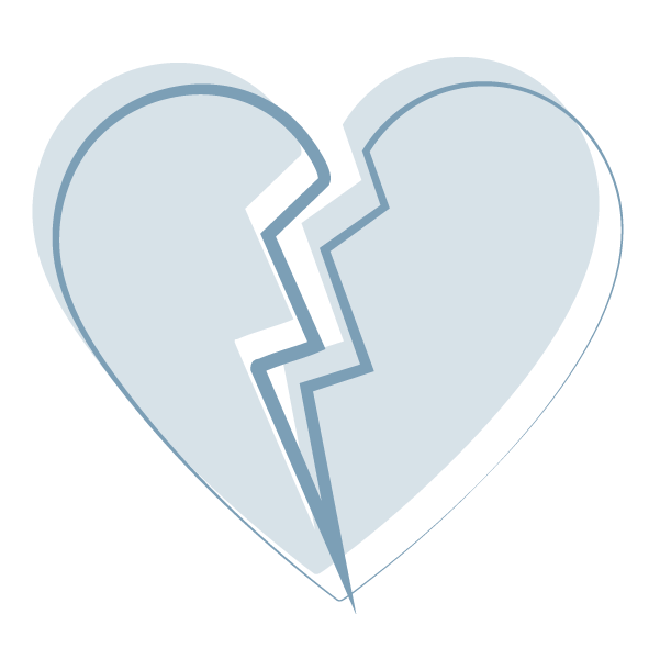 Gray broken heart illustration with black crack dividing it.