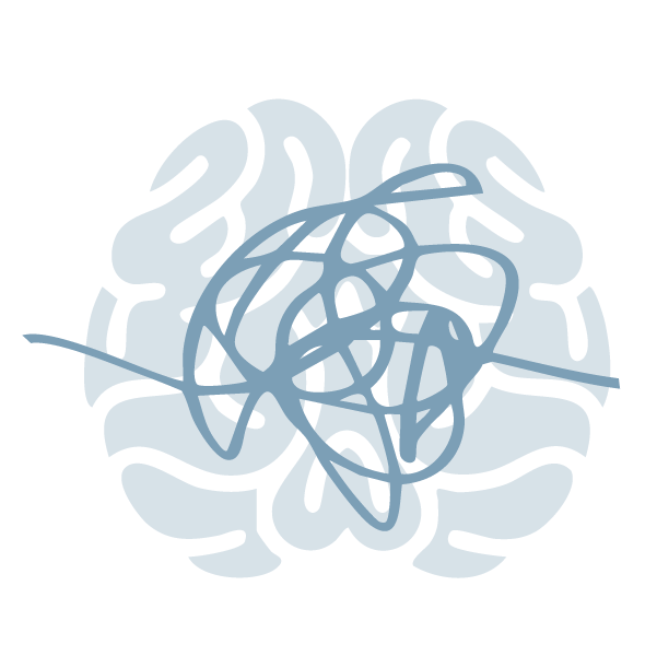 A stylized graphic of a human brain in blue with black outlines.