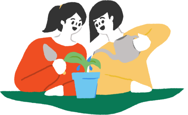 Illustration of two persons watering a small plant in a blue pot, sitting at a table, with one in a red-orange sweater and the other in a pale yellow sweater.