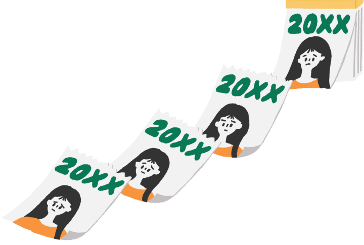 Illustration of a tear-off calendar with pages of a person with a worried expression and the text "20XX" on it, symbolising the passing of time.