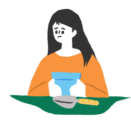 Illustration of a person with a worried expression sitting at a table, holding a blue pot with both hands, with a short shovel on the table.