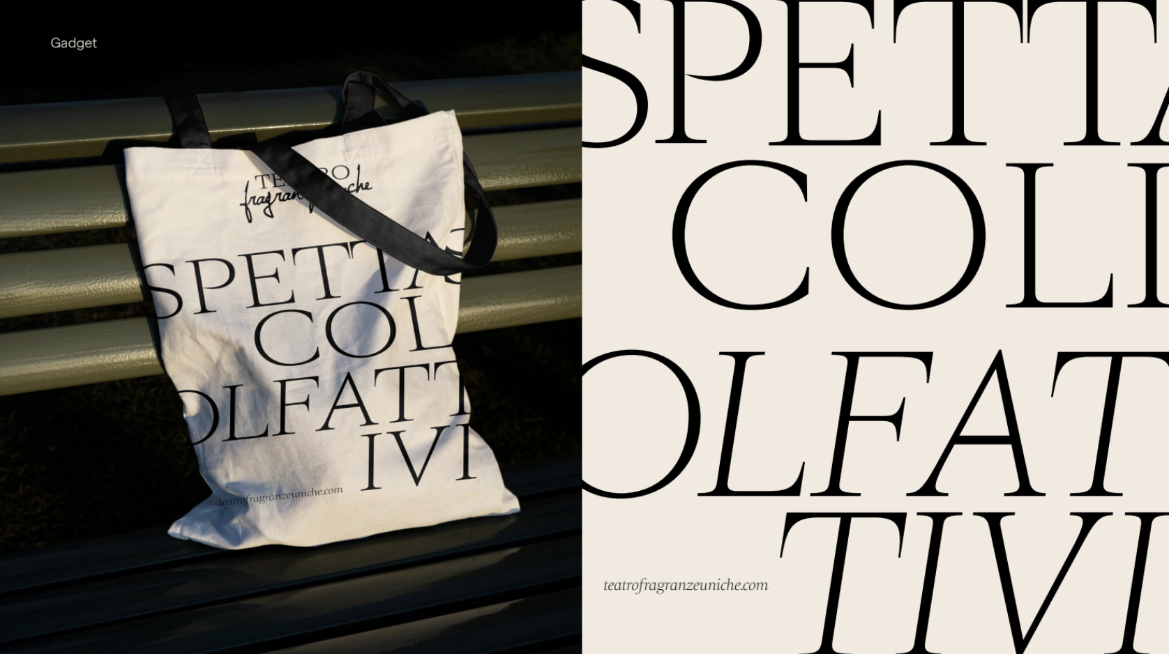 A tote bag with black straps is hanging on a light green park bench. The bag has large black text that reads 'SPE T A C O L F A T I M.' The background shows a dark outdoor setting.