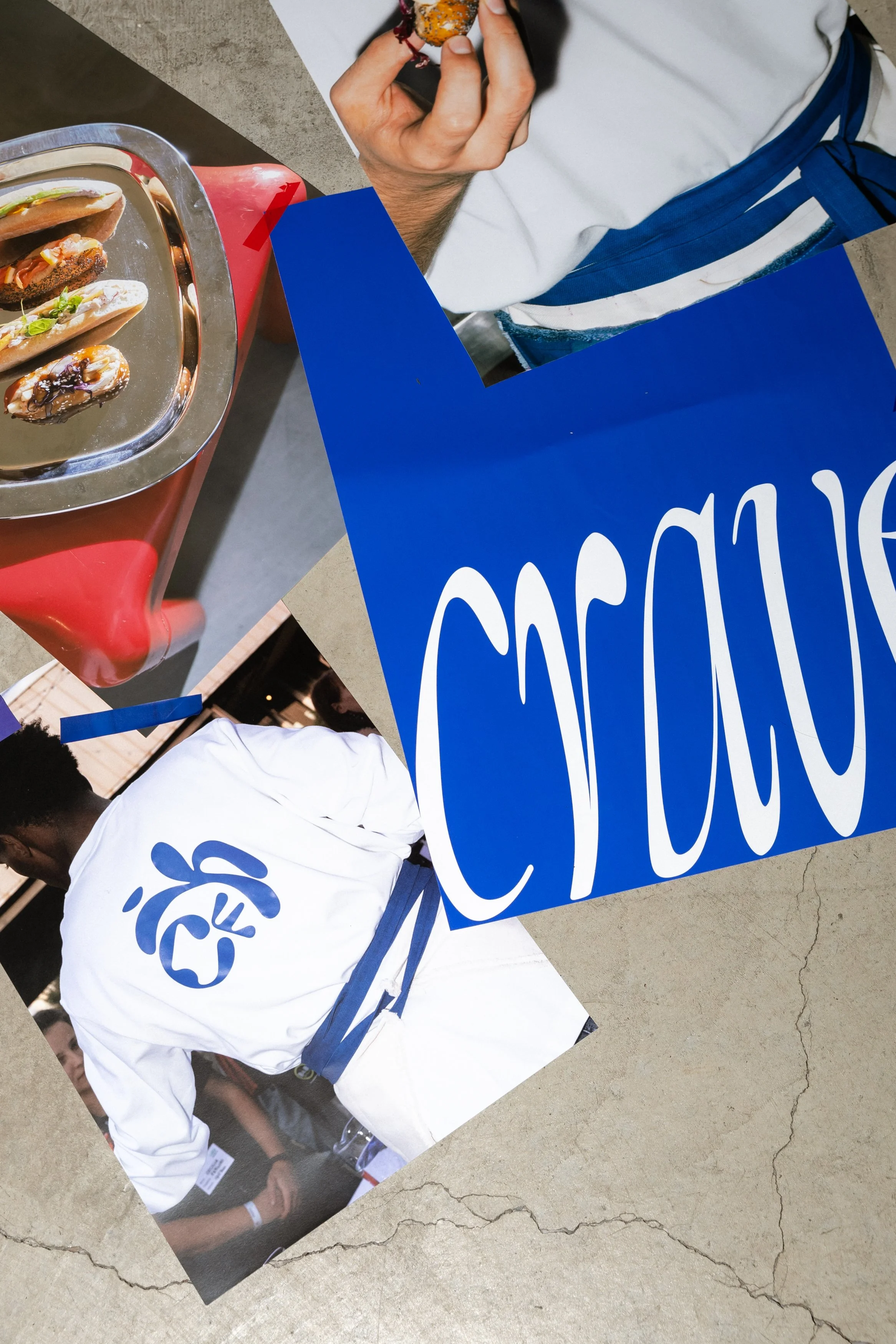 Collage of photos including a person holding a food item, a tray with tacos, and a person wearing a white chef's coat, with parts of a blue sign showing the word 'croc' and a cracked concrete surface.