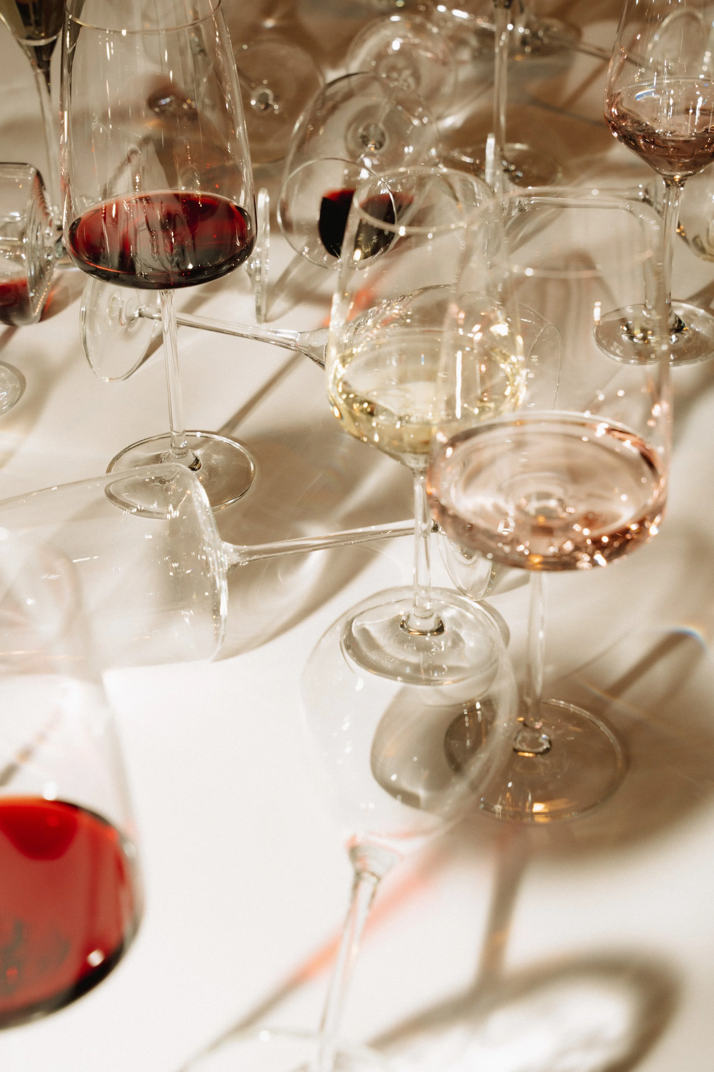 Multiple wine glasses filled with red, white, and rosé wine on a table.