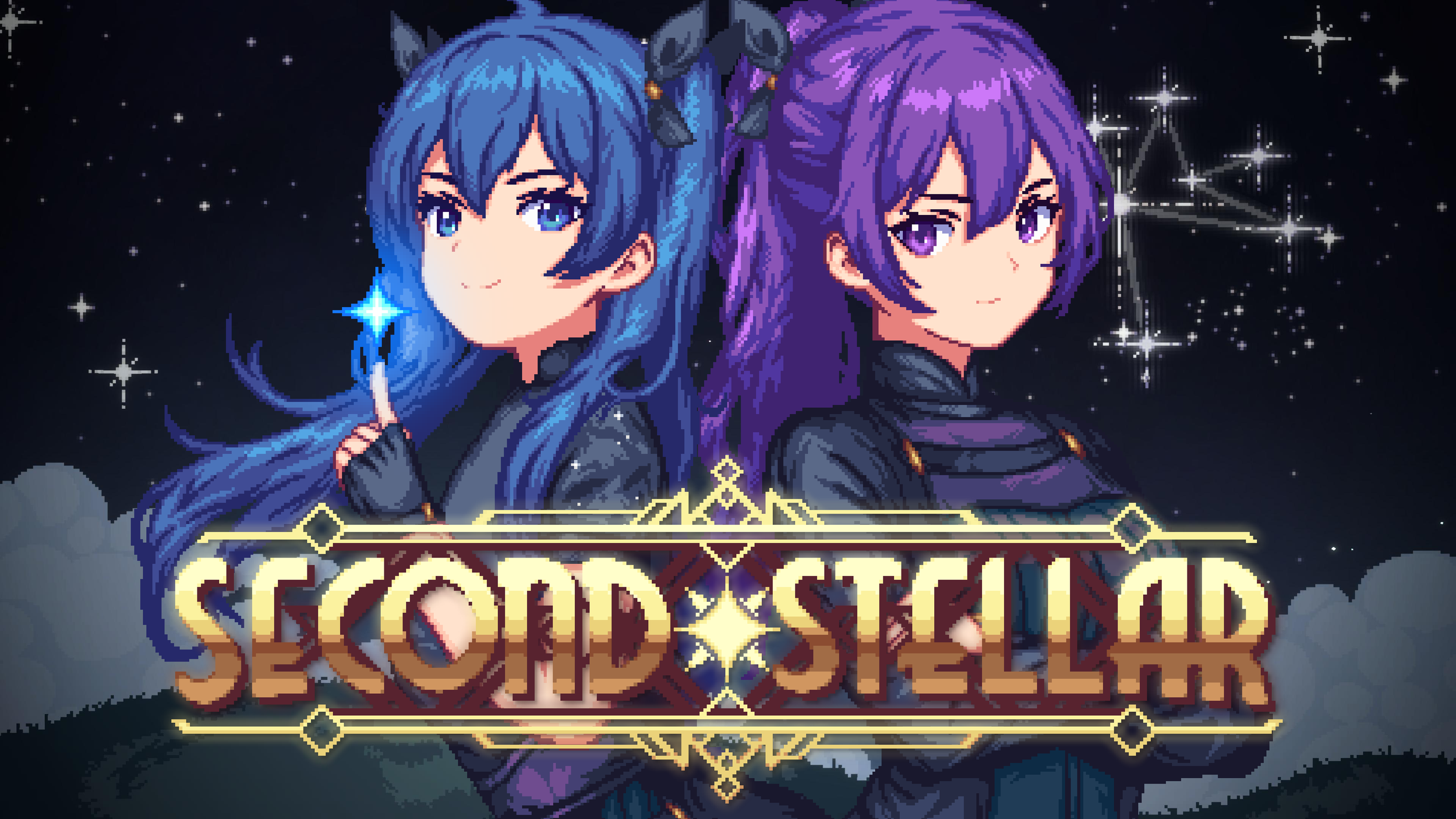 Pixel art illustration of two female characters with long hair, one with blue hair and the other with purple hair, standing back-to-back against a starry night sky. They are associated with a game titled 'Second Stella' displayed in stylized text at the bottom.