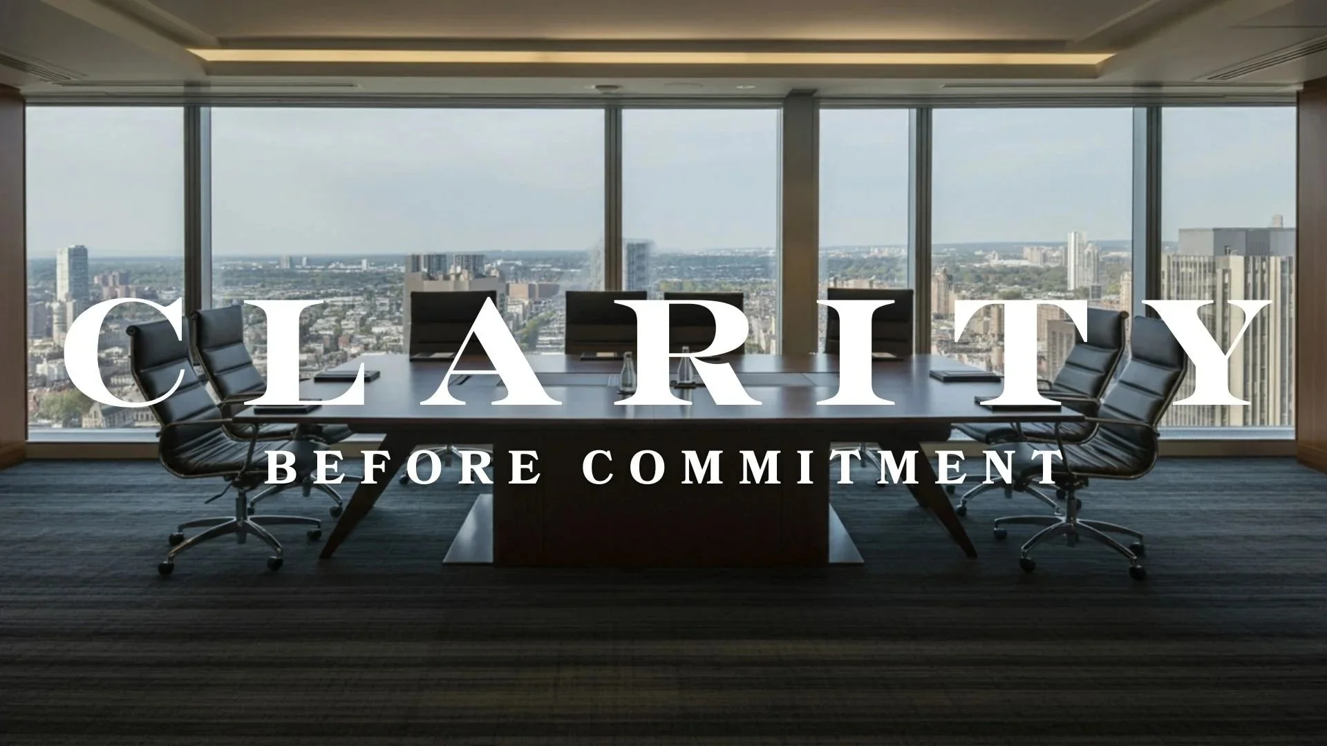 A modern conference room with a large wooden table, six black leather chairs, and a panoramic city view through floor-to-ceiling windows. The image has overlaid text that reads "CLARITY BEFORE COMMITMENT."