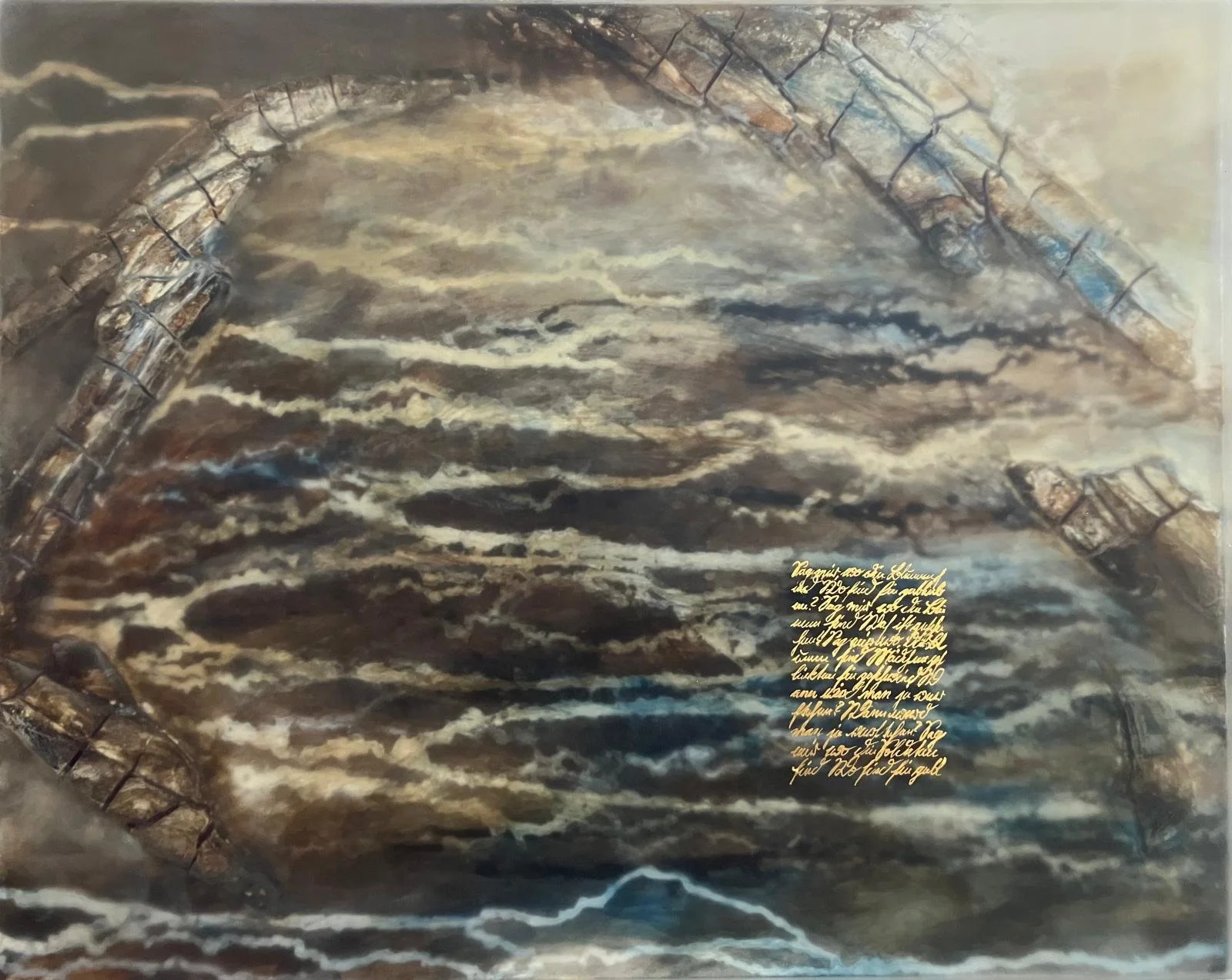 6k8, acrylic, marble dust, filler, gold leaf (23.75 carat) and epoxy resin on wooden panel, 50 × 40 cm, 2025