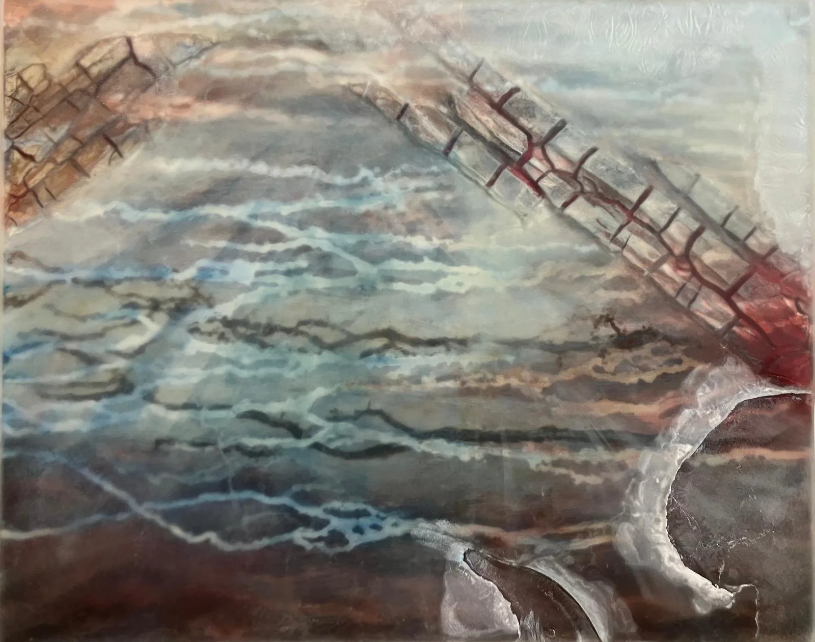 7k14, acrylic, marble dust, filler and epoxy resin on wooden panel, 50 × 40 cm, 2025