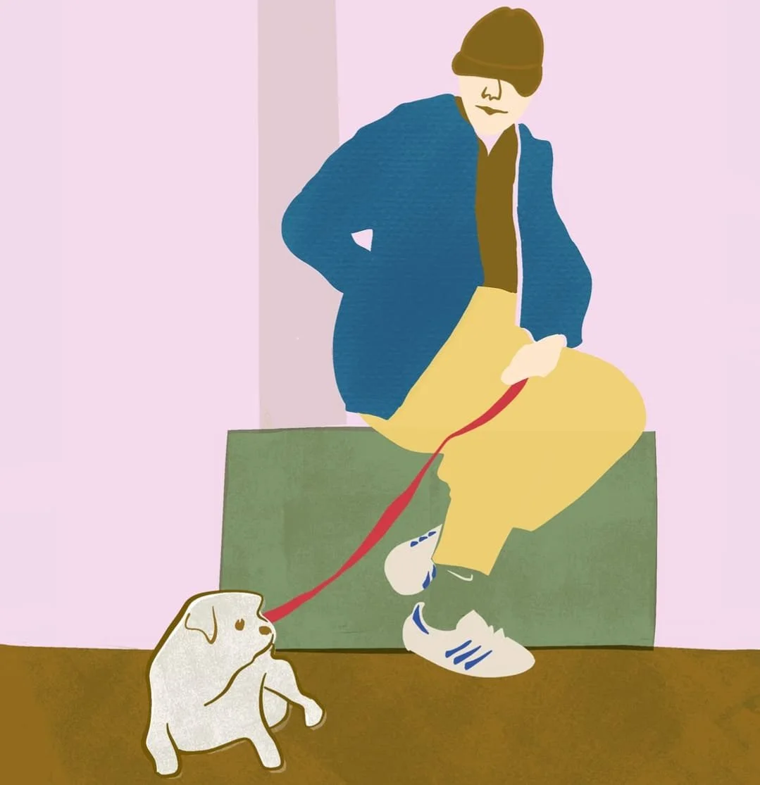 A digital drawing of a woman sitting on a bench looking at her dog.