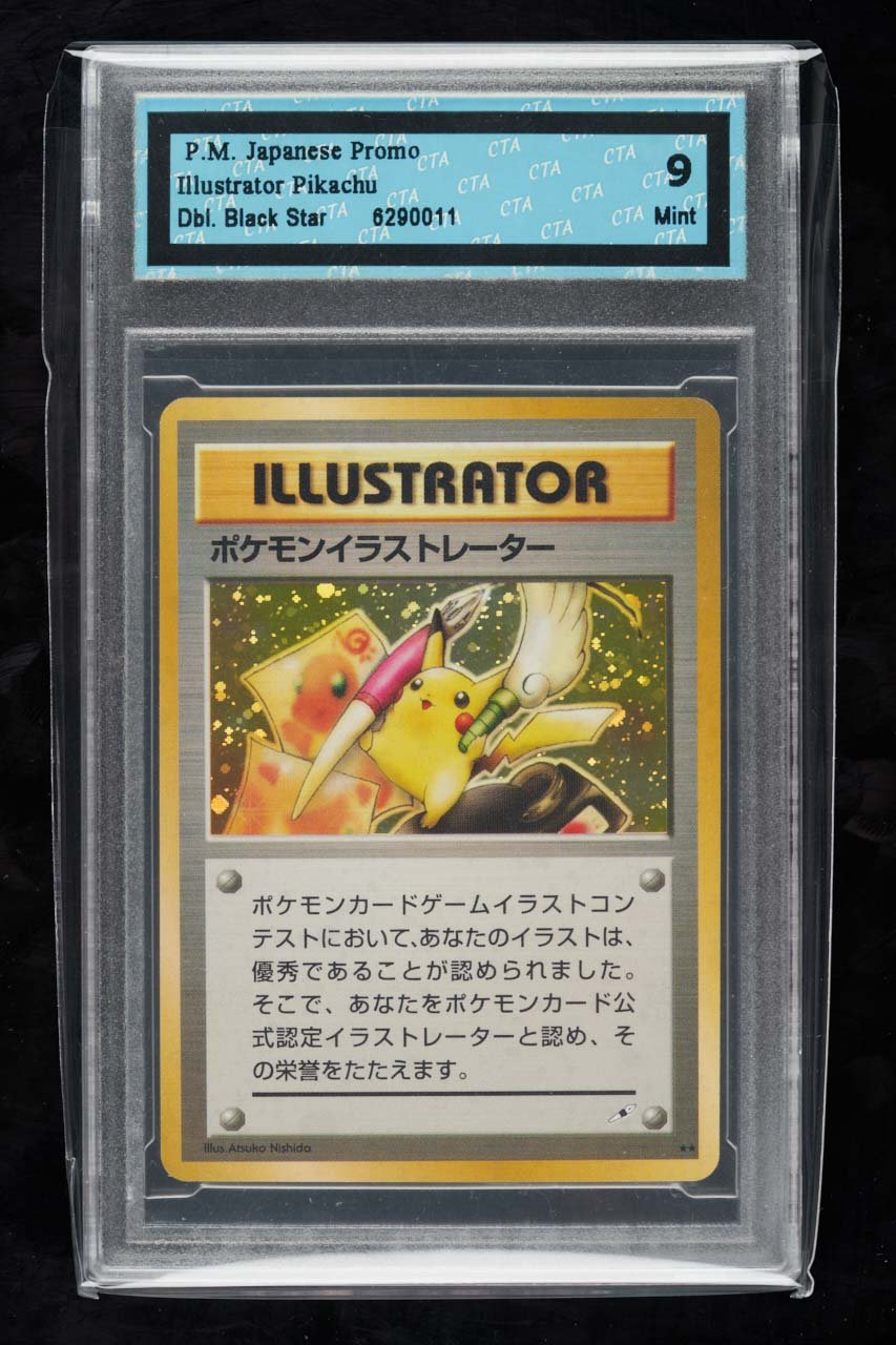 A graded Pokémon card featuring Pikachu as an illustrator, with Japanese text and a shiny, holographic background.