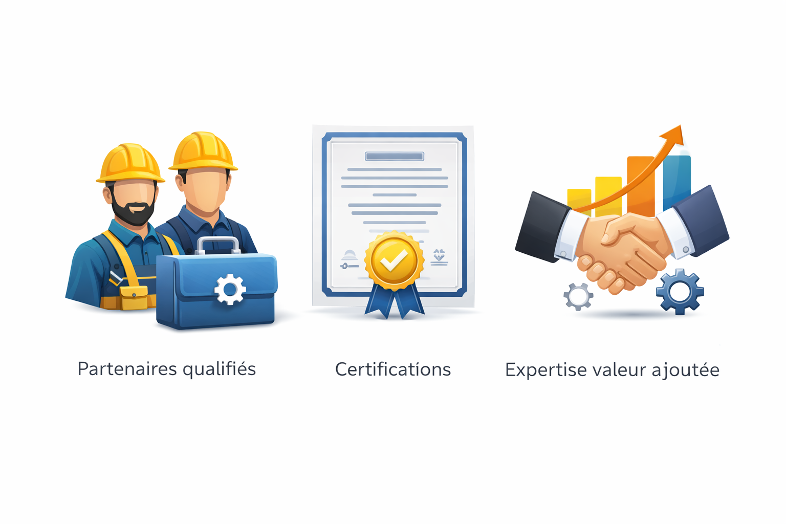 Trois icônes : des partenaires qualifiés avec deux hommes en uniforme portant des casques de chantier, des certifications représentées par un diplôme avec un ruban d'approbation, et une expertise avec deux mains qui se serrent, derrière un graphique en croissance et des engrenages.
