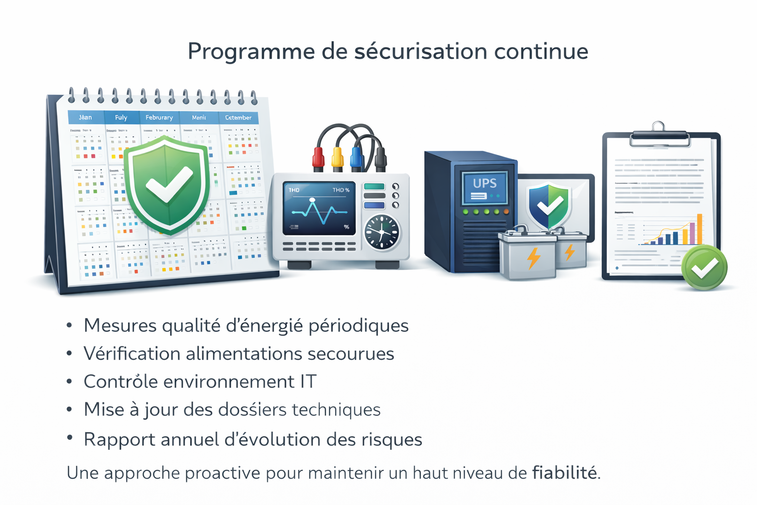 Une affiche de programme de sécurisation continue avec un calendrier, un appareil de surveillance, un onduleur, deux batteries et un tableau de suivi avec des graphiques, accompagnée d'une liste de mesures de sécurité énergétique, vérification, contrôle, mise à jour, et rapport annuel.