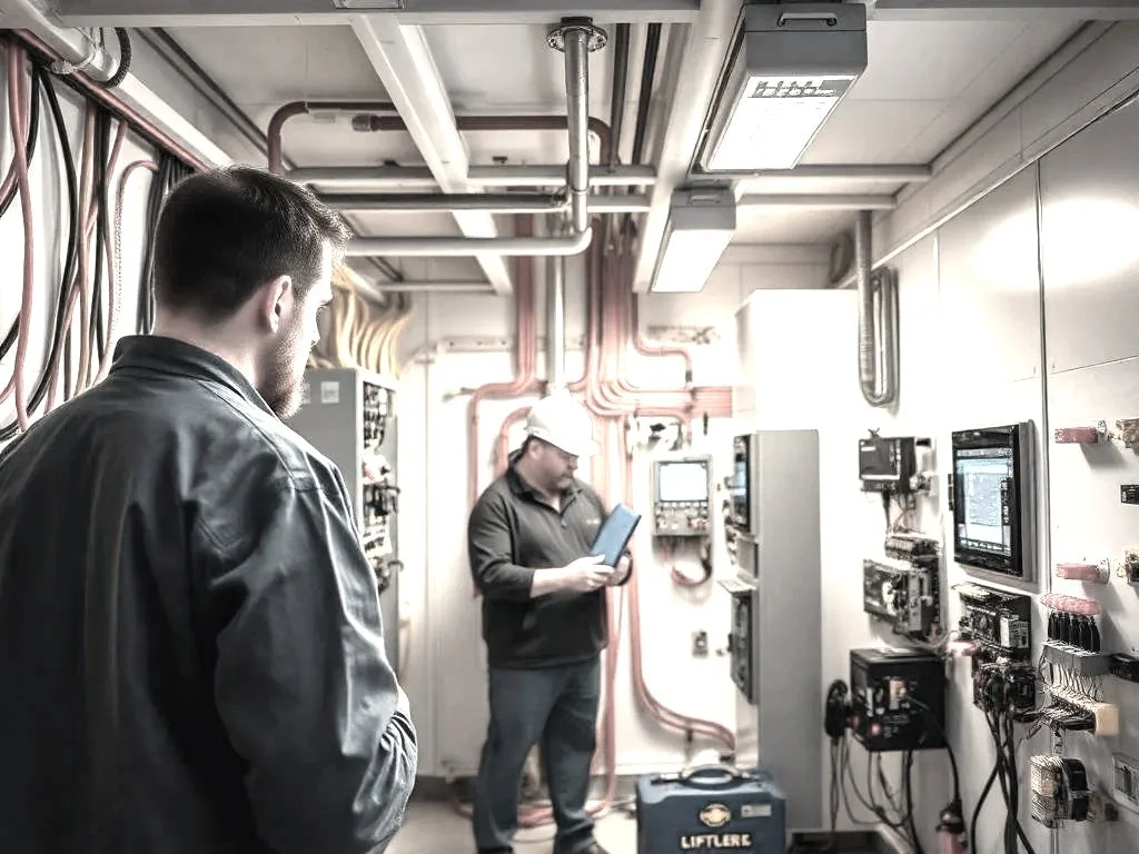 Deux techniciens inspectent une salle de contrôle avec des équipements électroniques et des câbles.