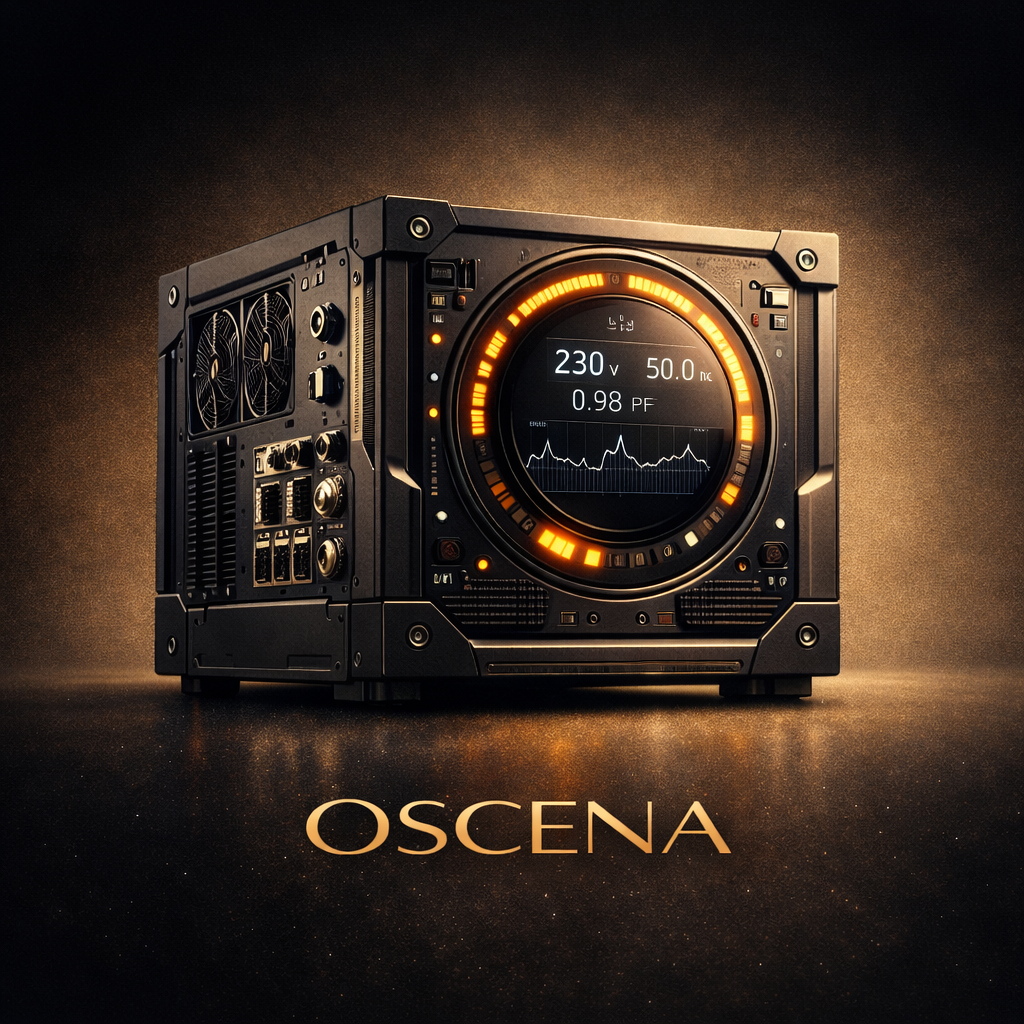 Un disque dur externe noir avec un écran numérique au centre affichant des mesures et une courbe audio, sur un fond sombre avec un éclairage chaud, avec le texte 'OSCENA' en dessous.