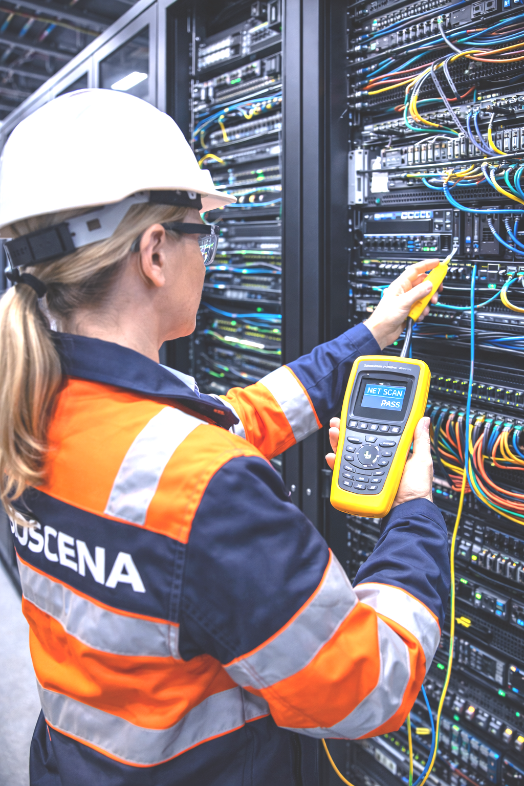 Une technicienne portant un casque et une veste orange avec le mot 'BUSCENA' examine un serveur avec un appareil de test, dans une salle de serveurs remplie de câbles et d'équipements informatiques.