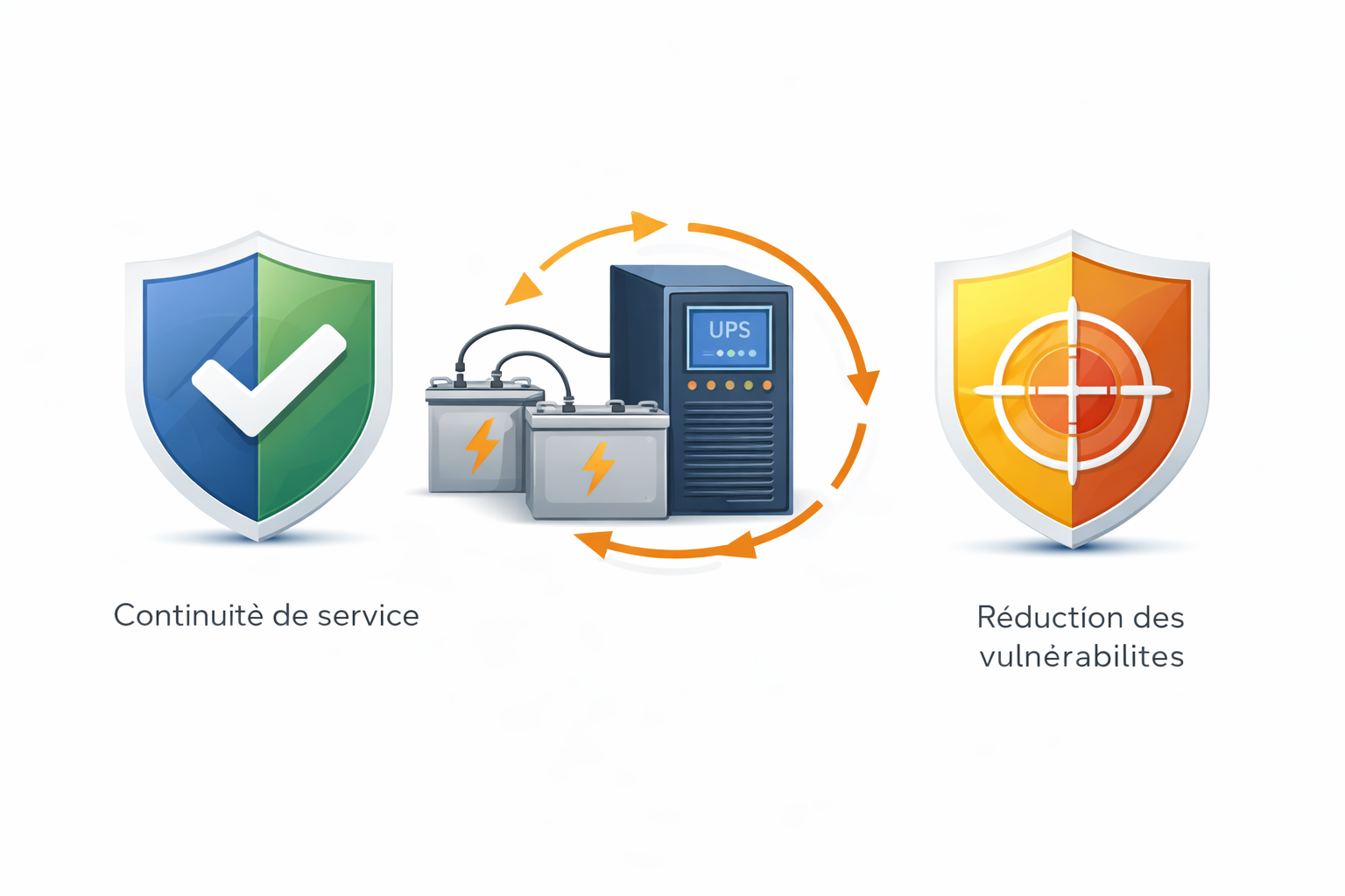 Schéma illustrant une alimentation sans interruption (UPS) avec des panneaux solaires et batteries, symbolisant la continuité de service, entourée d'une flèche circulaire, et un bouclier avec cible, symbolisant la réduction des vulnérabilités.