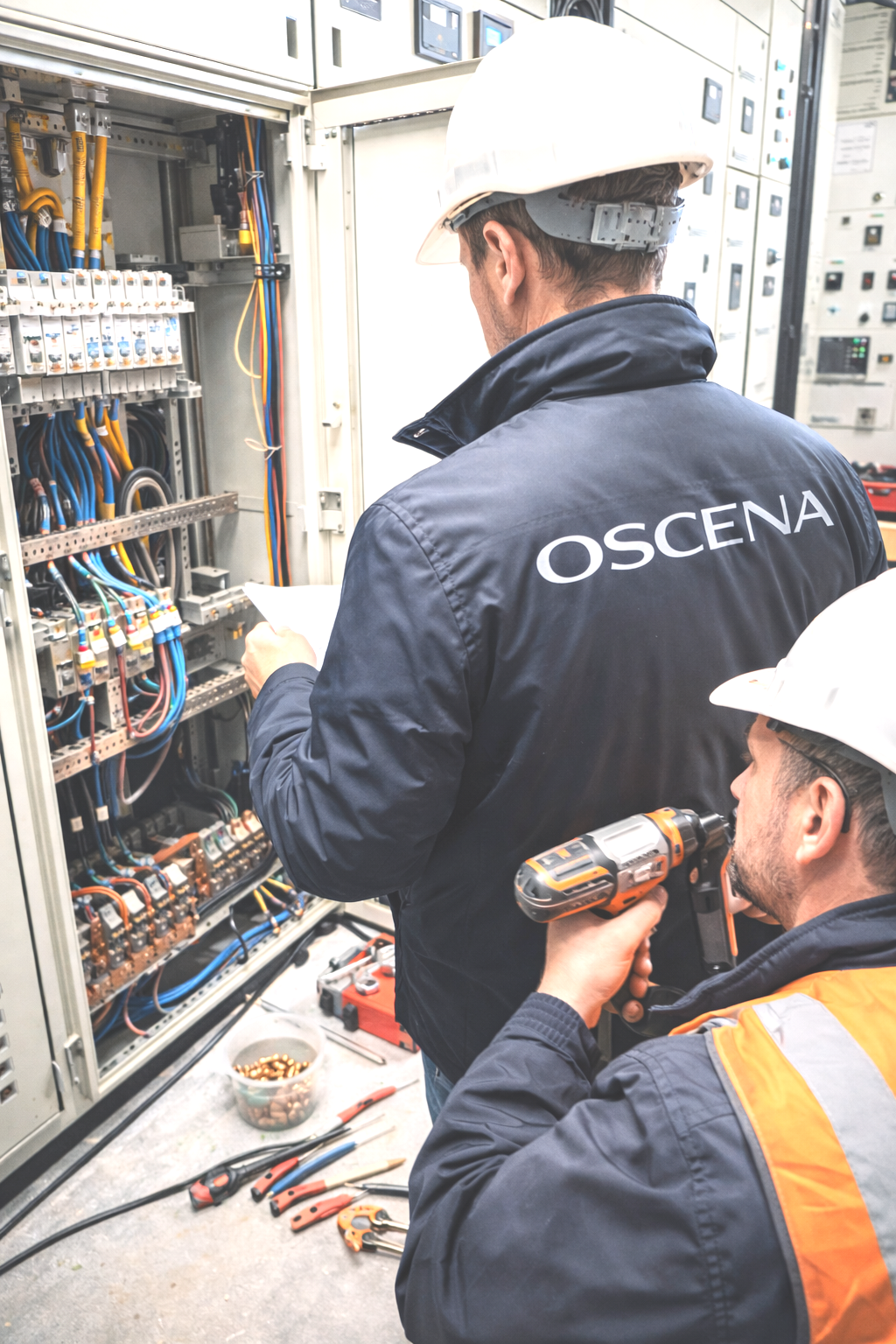 Deux techniciens travaillant sur un panneau électrique industriel, portant des casques de sécurité et des vêtements de travail, avec des outils électriques sur le sol.