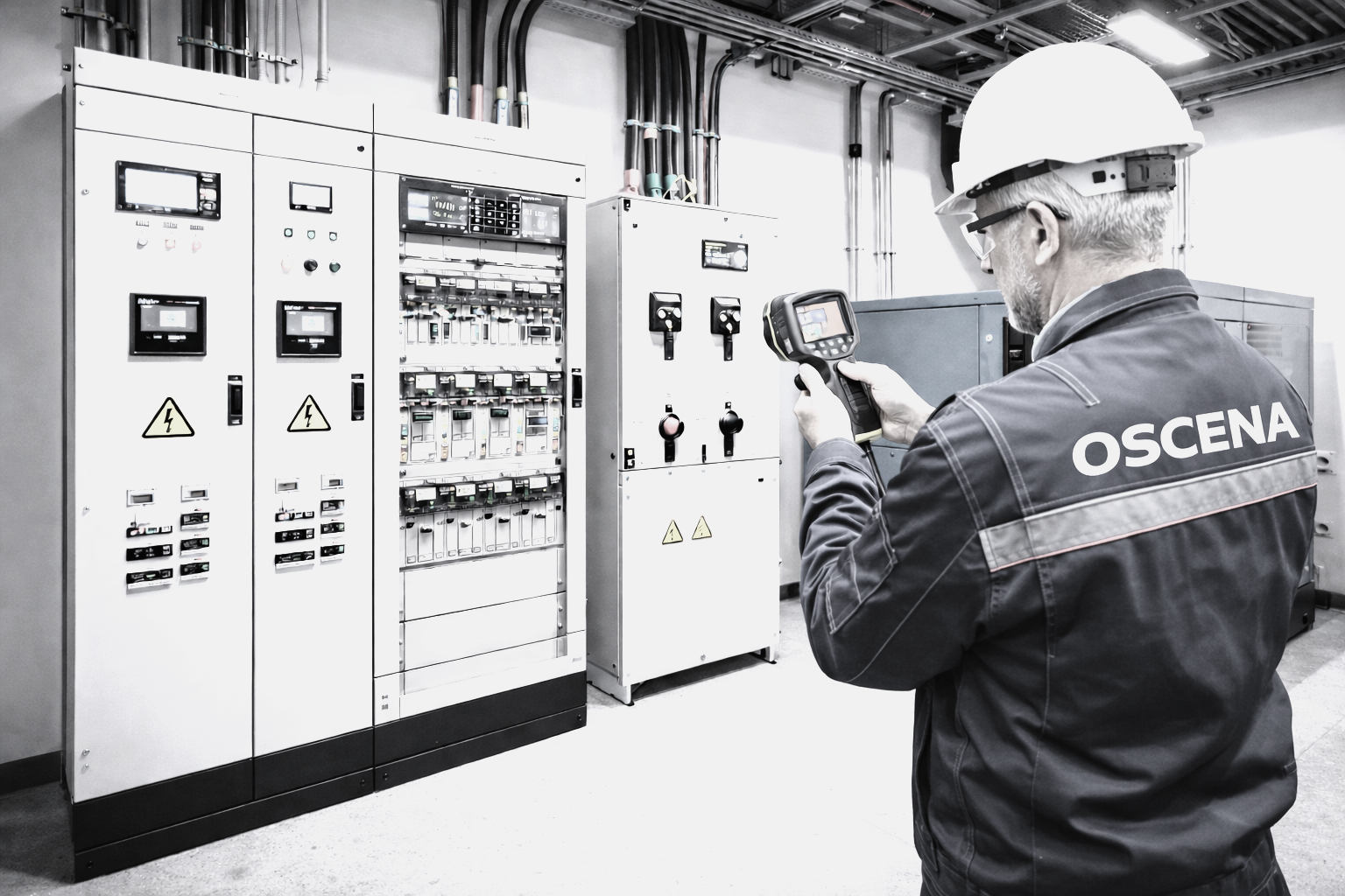 Un technicien portant un casque de sécurité et un uniforme avec l'inscription OCCENA vérifie des équipements électriques dans une salle technique.