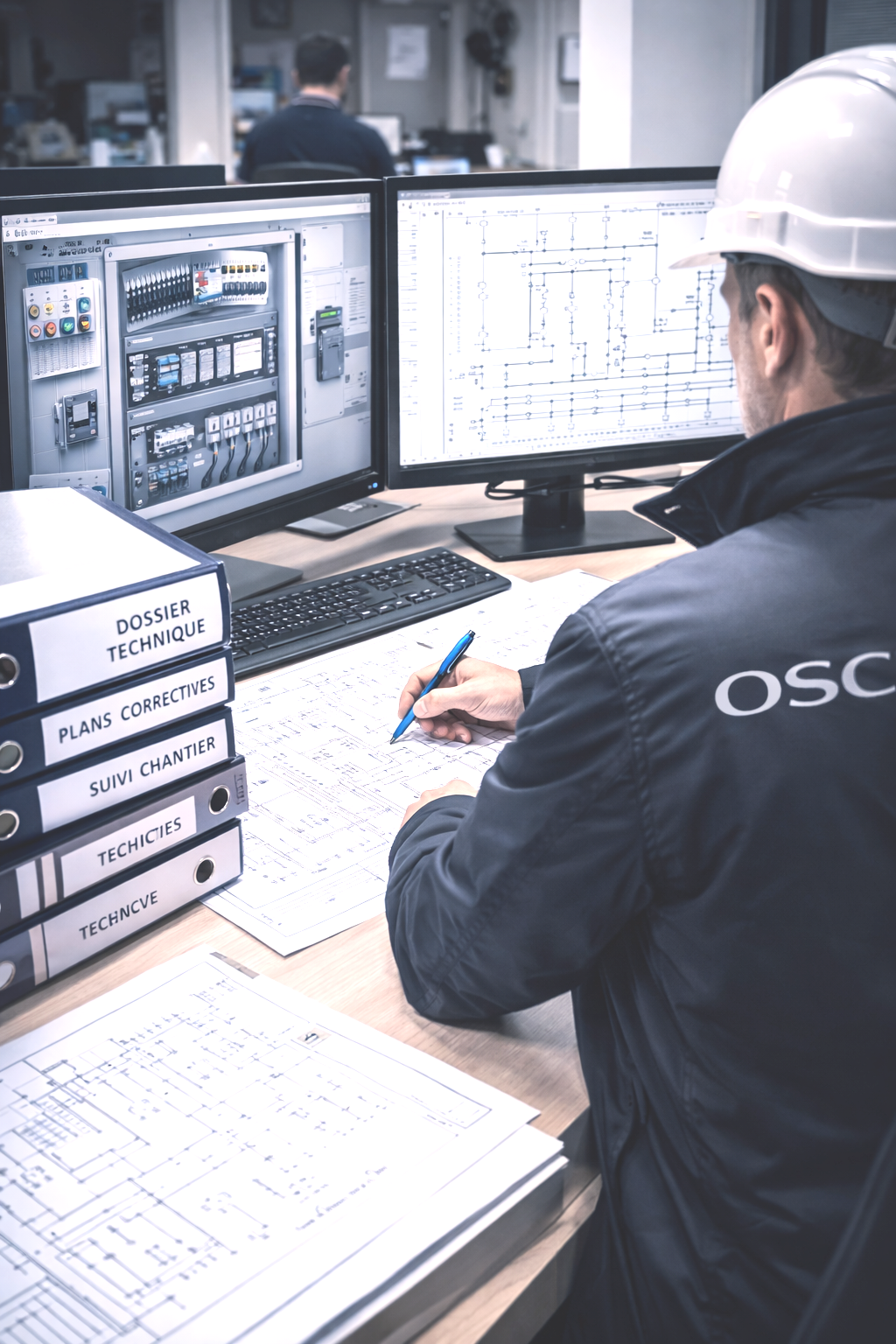 Ingénieur portant un casque de sécurité examine des plans électriques et des schémas sur un bureau de bureau.
