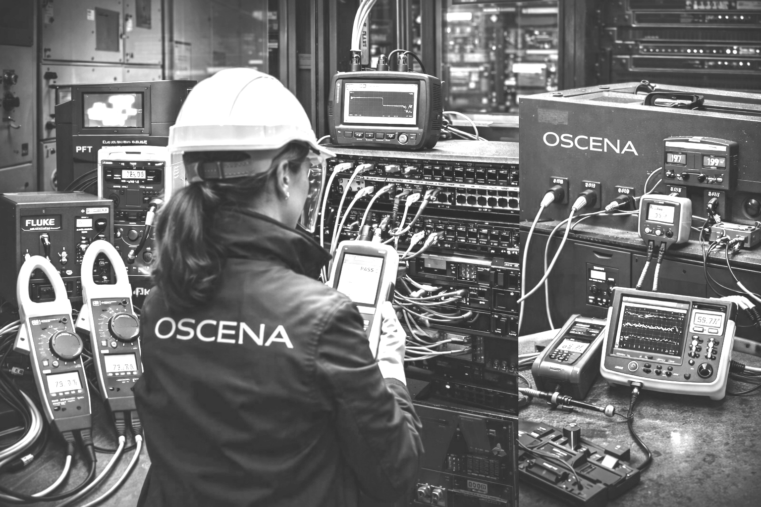 Une technicienne portant un casque de sécurité et un blouson avec le logo OSCENA, travaillant avec divers équipements de mesure et de test électronique dans un centre de données ou une salle de serveurs.