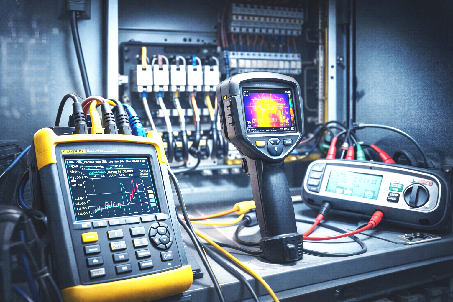 Outils de diagnostic électrique avec caméras thermiques, testeur électrique, et câbles sur un tableau électrique.