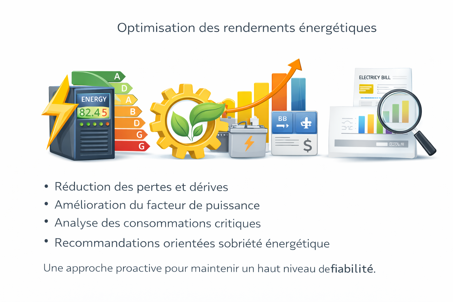 Diagramme illustrant l'optimisation des rendements énergétiques avec des icônes de compteur d'énergie, engrenage avec des feuilles, piles, graphique à barres avec une flèche ascendante, documents avec graphiques et loupe, et texte en français sur la réduction des pertes, l'amélioration du facteur de puissance, l'analyse des consommations critiques et la recommandation pour une gestion proactive afin de maintenir la fiabilité.