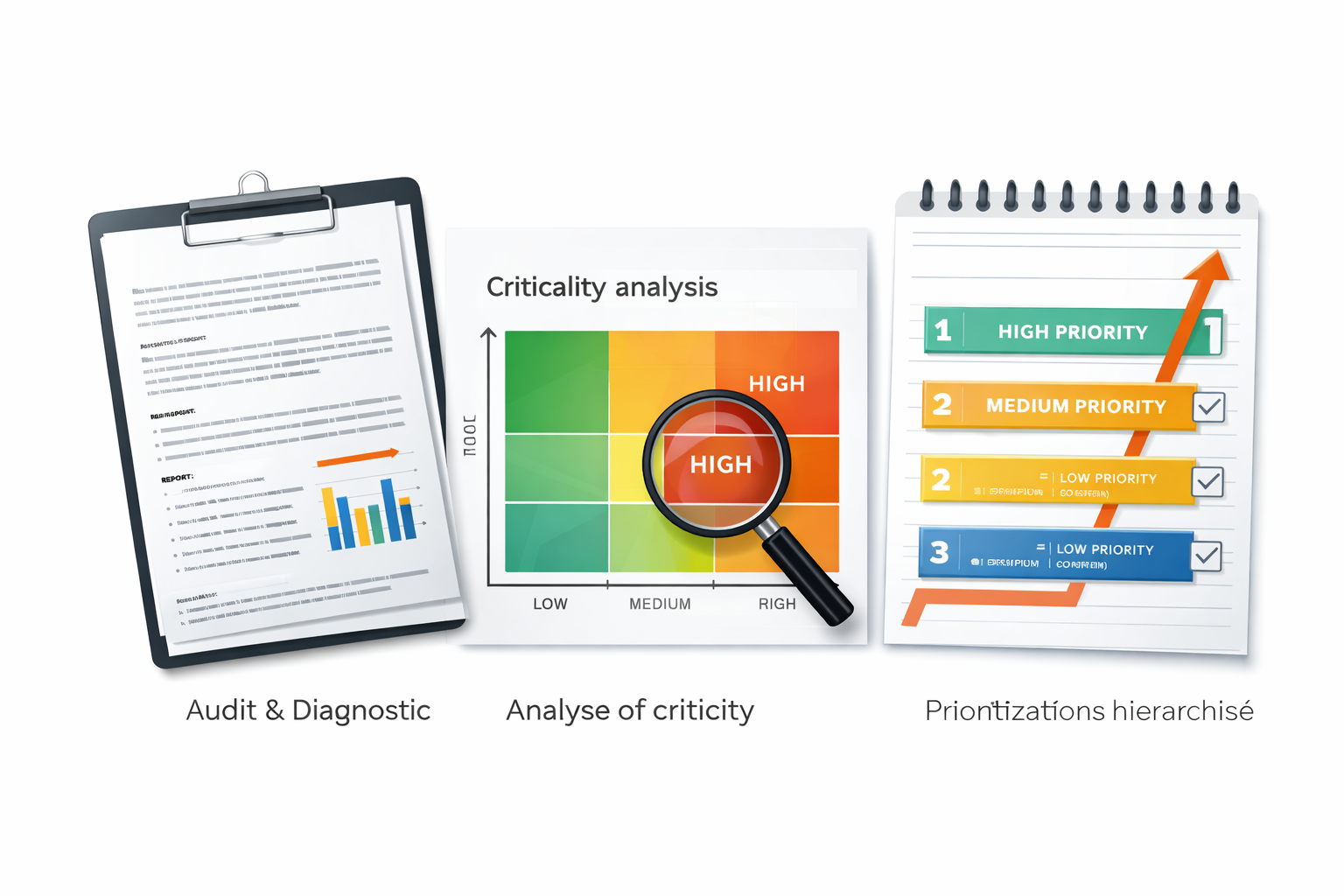 Trois documents de travail montrant une analyse critique, une hiérarchisation des priorités et un audit, avec des graphiques et des échelles de couleurs allant du vert au rouge.