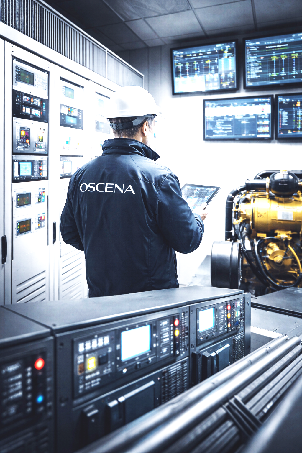 Un ingénieur portant une veste avec l'inscription OSCENA, un casque de sécurité, regardant un écran tactile dans une salle de contrôle avec plusieurs écrans de surveillance et des équipements électroniques.