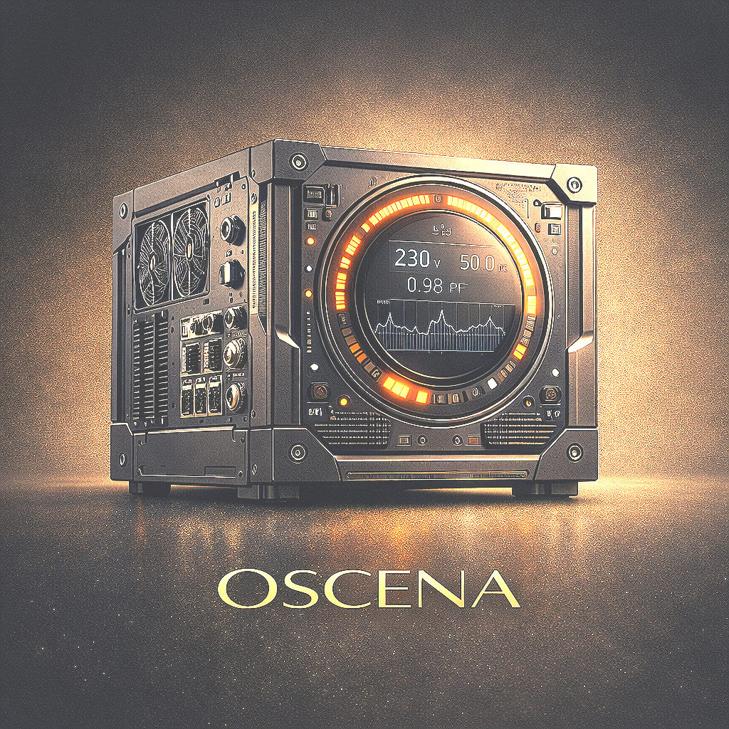 Un DJ ou contrôleur de musique avec un écran numérique, entouré de lumières orange, et le mot "OSCENA" en dessous.