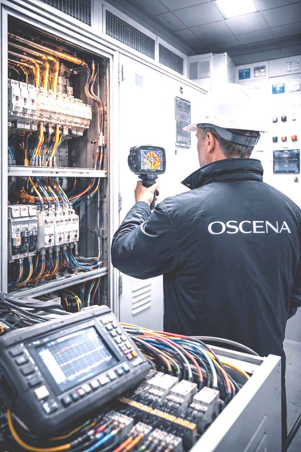 Un technicien portant un casque et une veste avec le logo OSCENA inspecte un tableau électrique avec une caméra thermique dans une salle de contrôle.