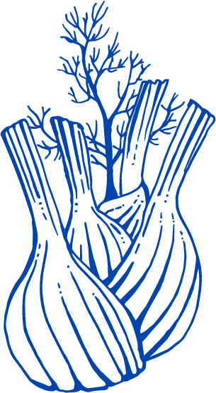 Line drawing of a cluster of onions with a small tree growing from the top.