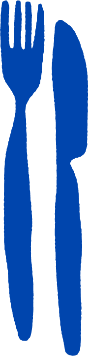 Silhouette of a fork and knife against a dark background.