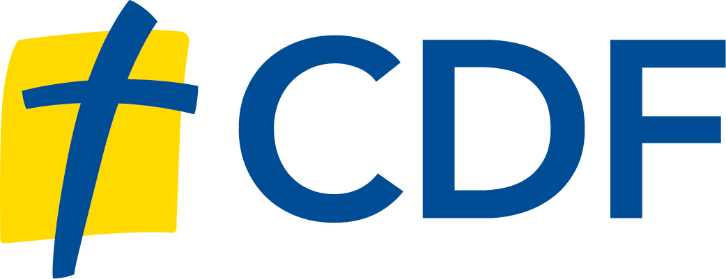 Logo with a yellow square, blue cross, and the letters 'CDF' in blue.