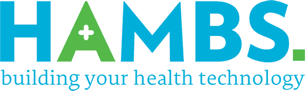 The image shows the word 'HAMS' with a plus sign inside the letter 'A', followed by the tagline 'building your health technology'.
