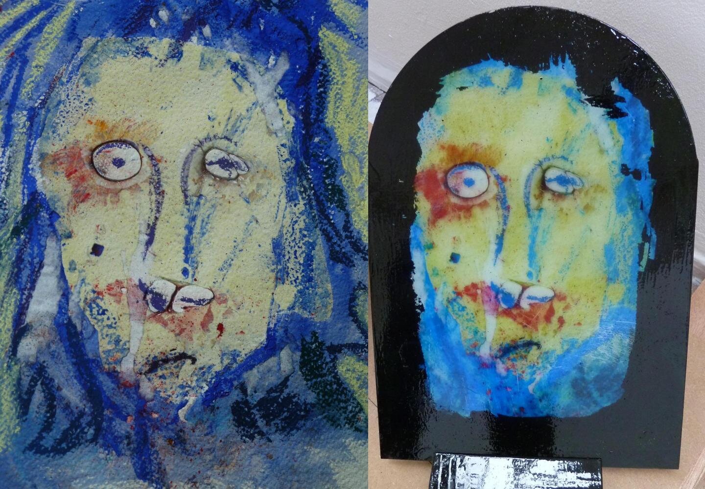 Homeless 2
 
Mixed media on paper on the left, mixed media on glass on the right.