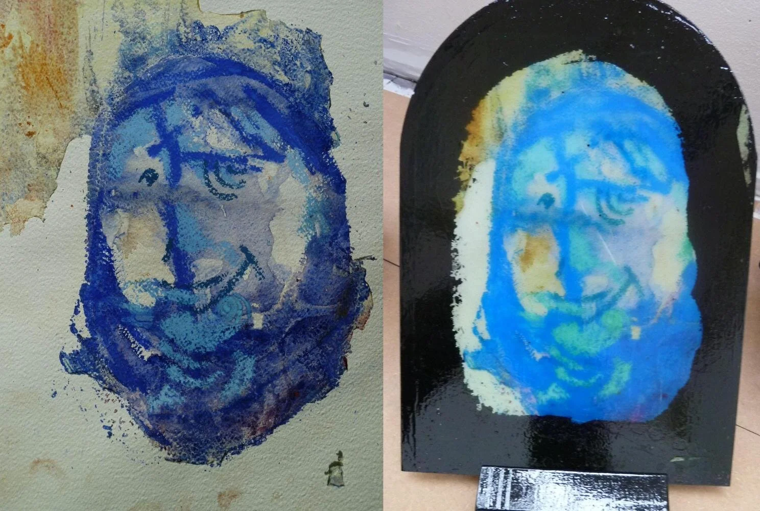 Homeless 4
 
Mixed media on paper on the left, mixed media on glass on the right.