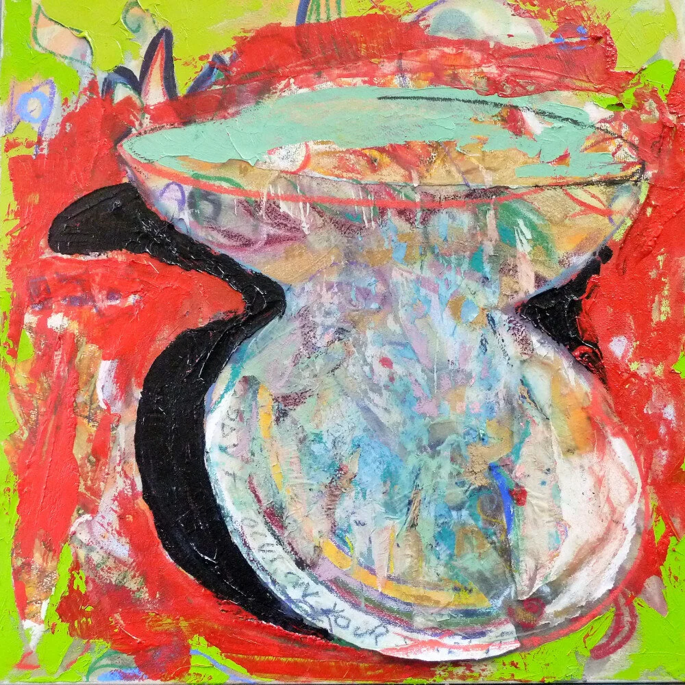 Glass
 
This image came about after many iterations of sticking onto canvas other images and tearing them off again. The mix of paper, glues, chalk and oil paint excites me and that in itself was almost enough. I am not sure that this painting is fin